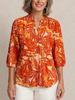 Vtg I.B. Diffusion Orange Tropical Leaf Button Down Half Sleeve Tiki Shirt